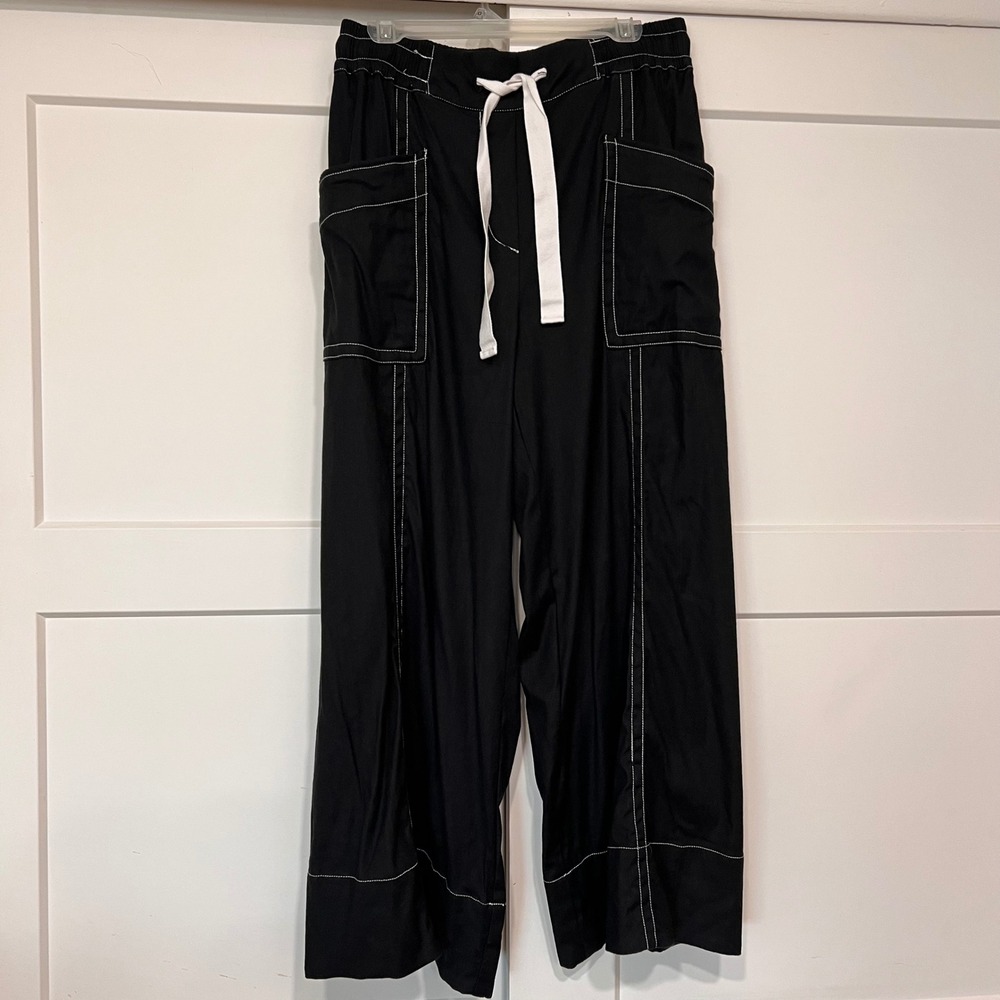 Maeve Anthropologie Black Contrast Stitch Wide Leg Utility Pants Linen Blend M